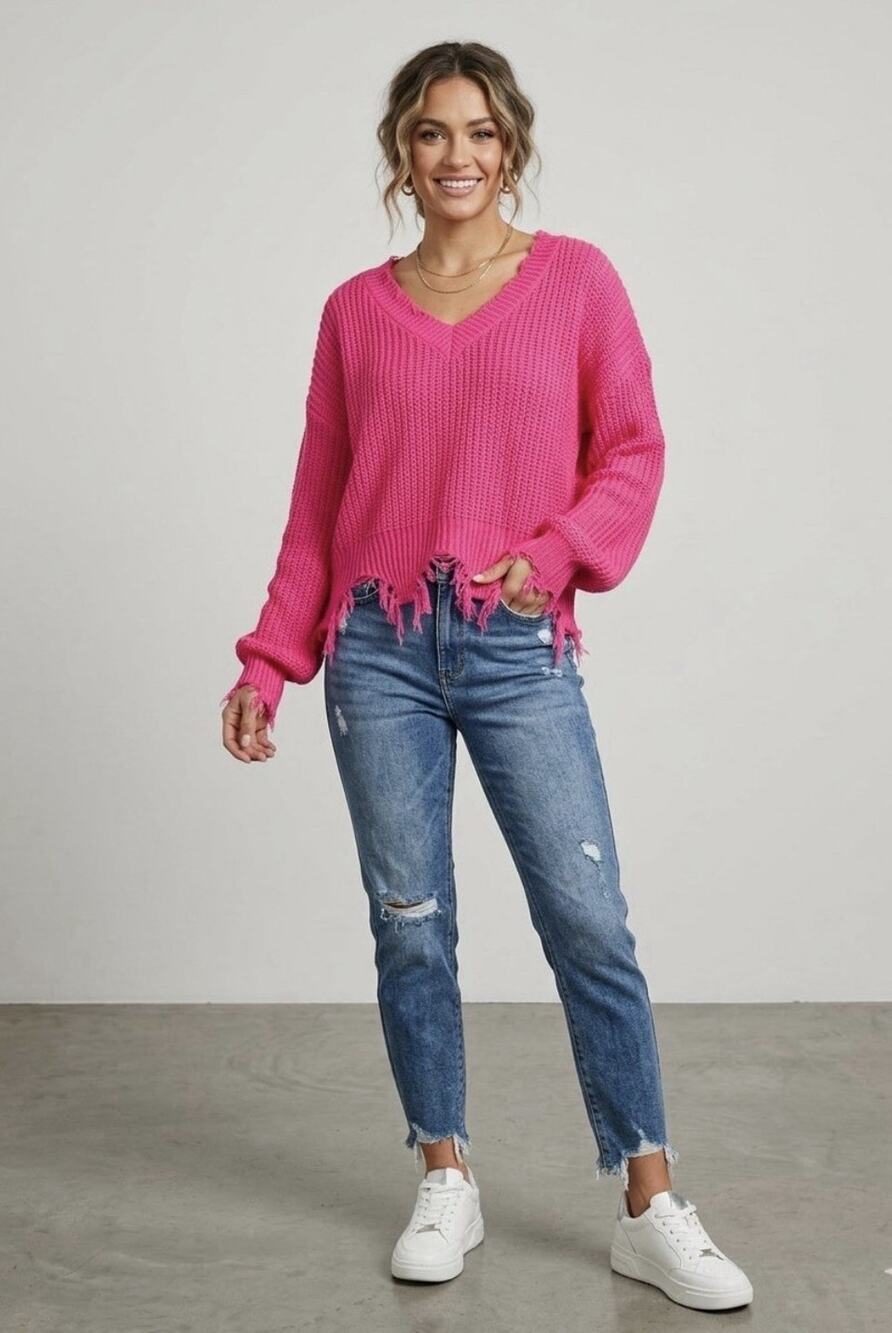 Womens Pink Solid Knit V-Neck Long Sleeve Pullover Sweater Distressed Hem L Y2K